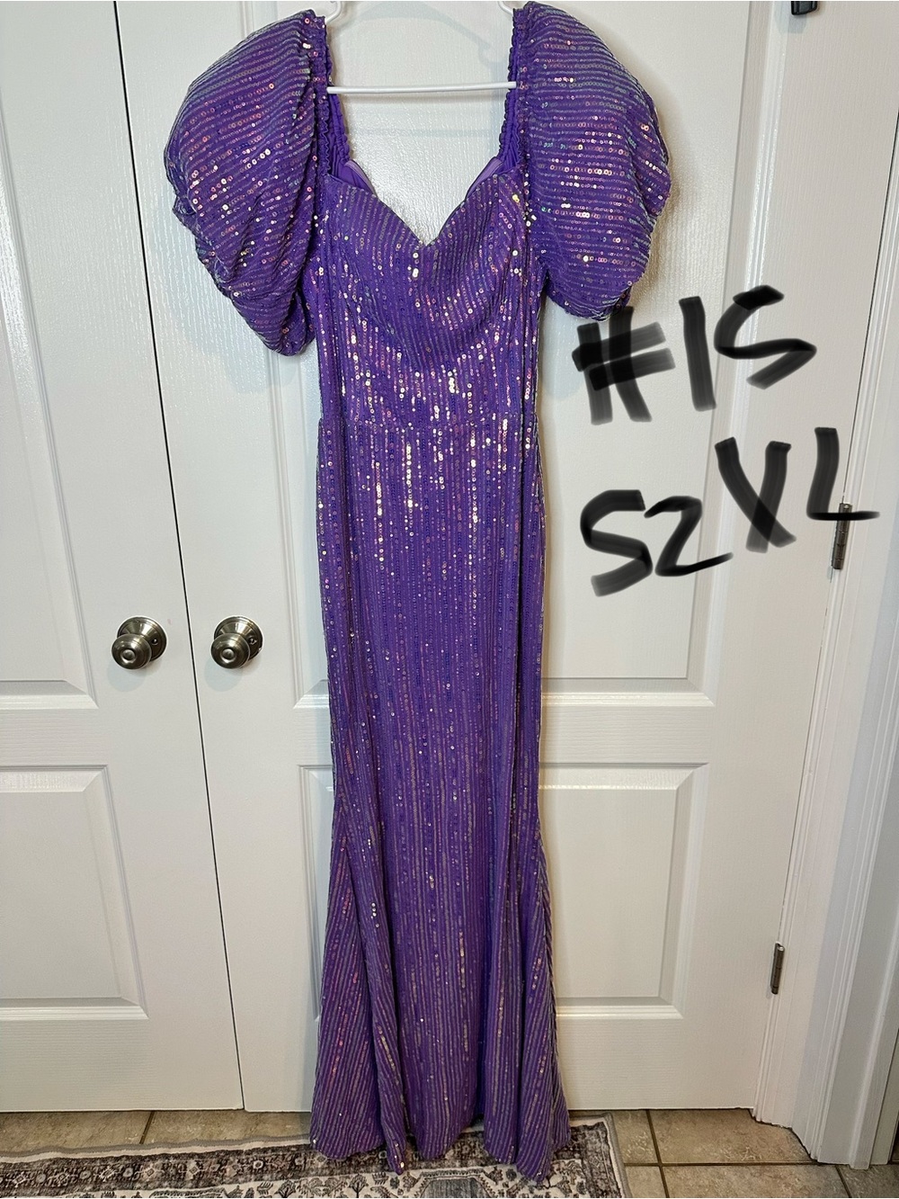 Purple Sequin Puff Sleeve Evening Gown